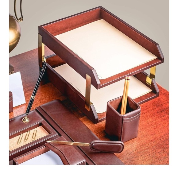 NWT - Dacasso Leather Double Letter Trays, Chocolate Brown (A3420) - Picture 3 of 10